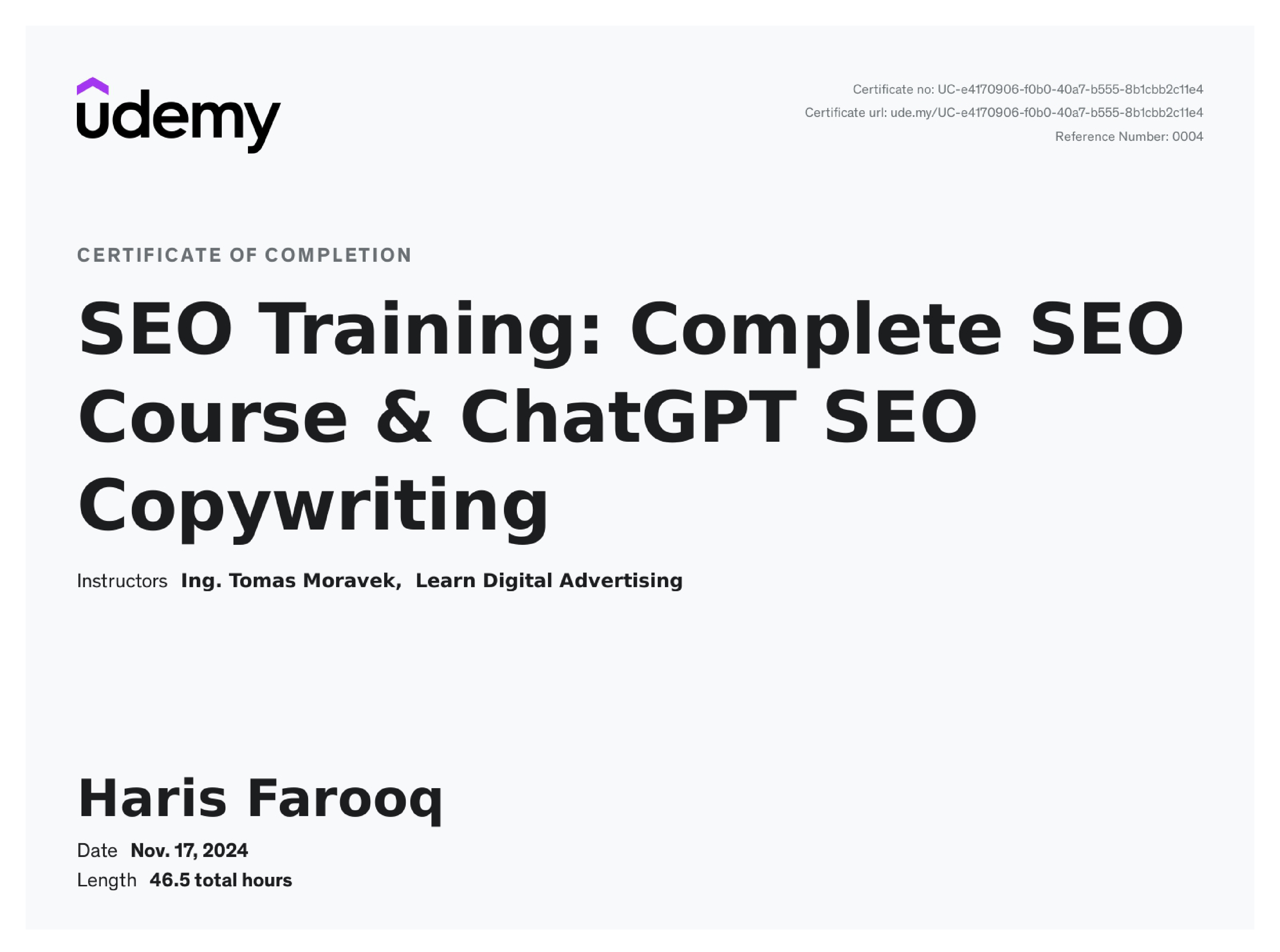 Udemy SEO Certificate